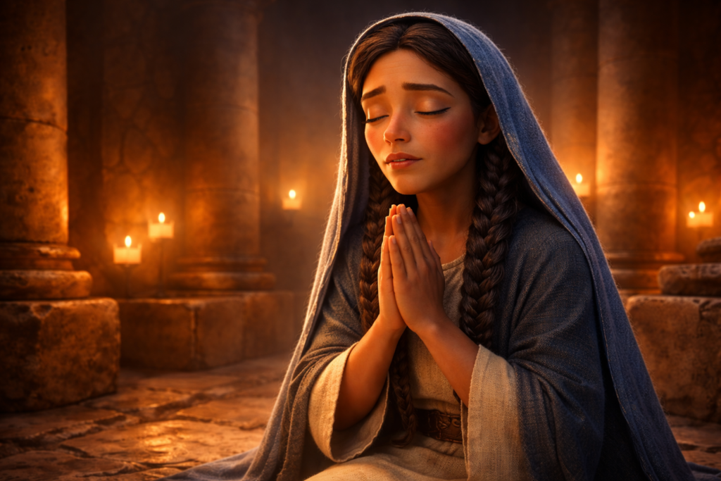 Mulher orando em templo antigo representando aprendizados de personagens bíblicos sobre Ana