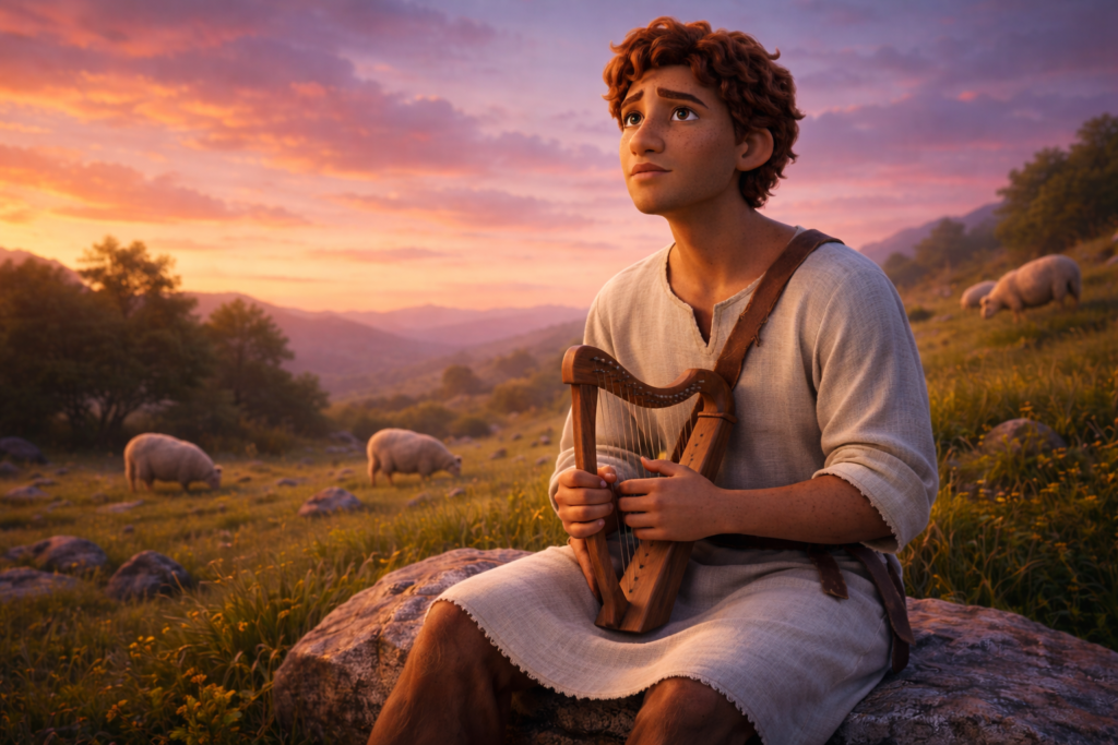 Jovem pastor com harpa no campo ao entardecer representando aprendizados de personagens bíblicos sobre Davi
