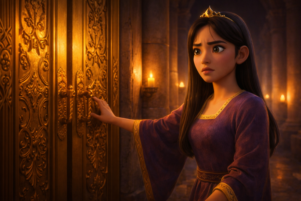 Mulher diante de portas do palácio com expressão corajosa representando aprendizados de personagens bíblicos sobre Ester