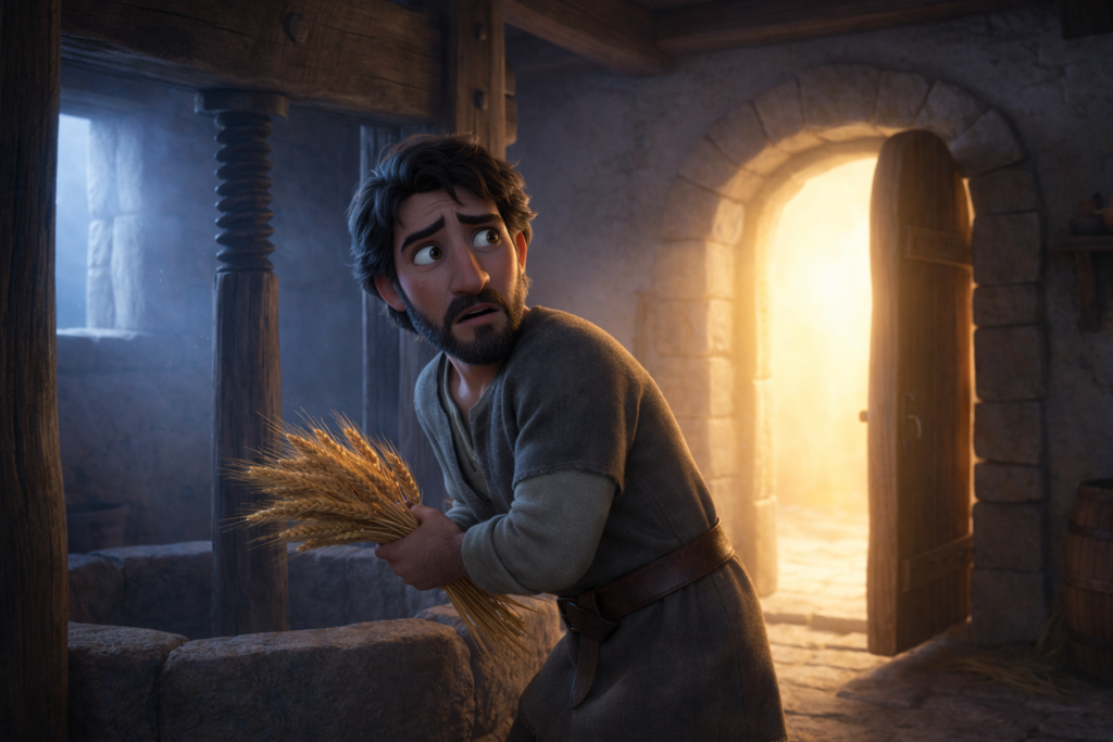 Homem escondido no lagar olhando para a luz representando aprendizados de personagens bíblicos sobre Gideão