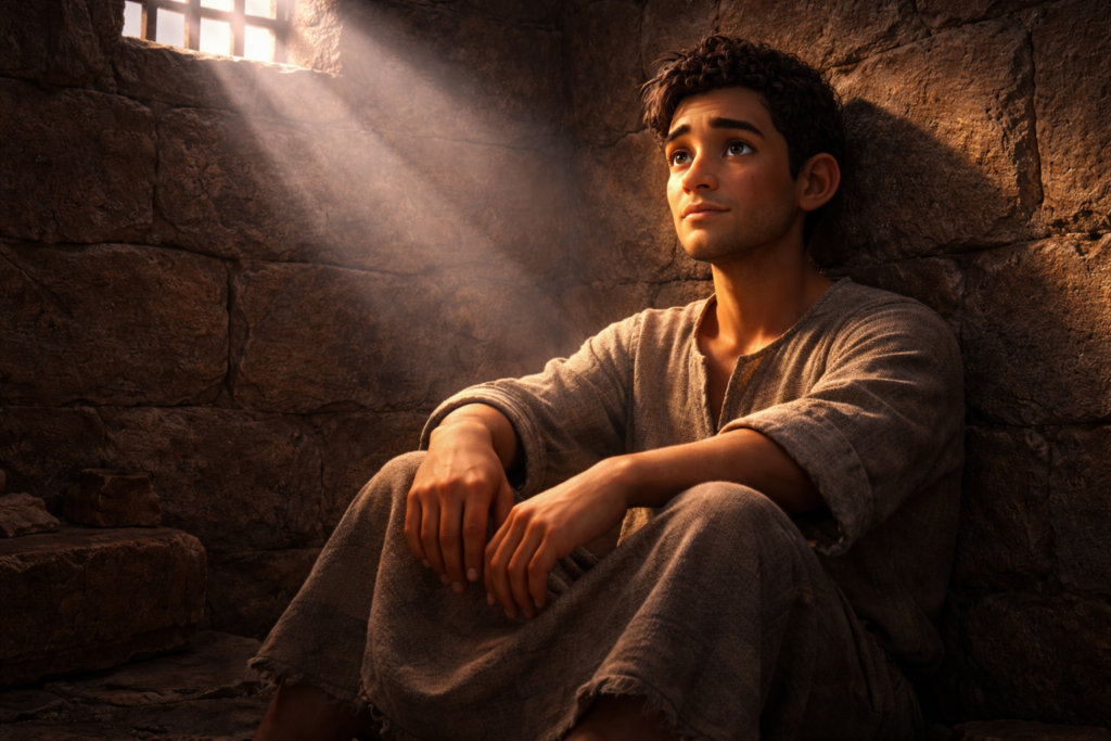 Jovem em cela antiga com luz na face representando aprendizados de personagens bíblicos sobre José