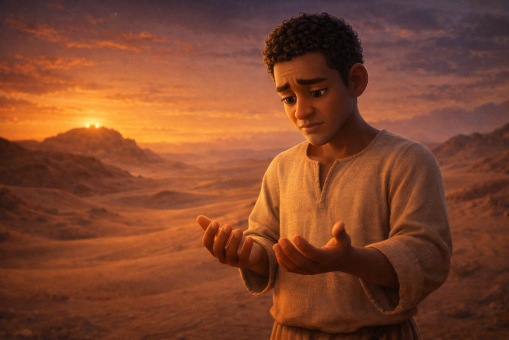 Homem no deserto olhando as próprias mãos representando aprendizados de personagens bíblicos sobre Moisés