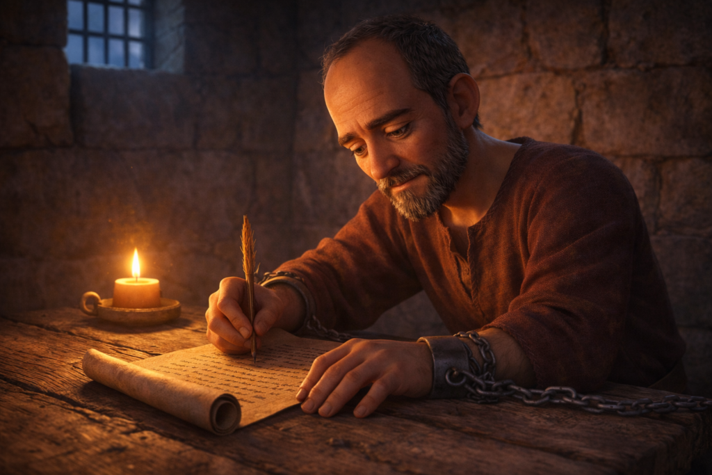 Homem escrevendo em pergaminho na prisão representando aprendizados de personagens bíblicos sobre Paulo