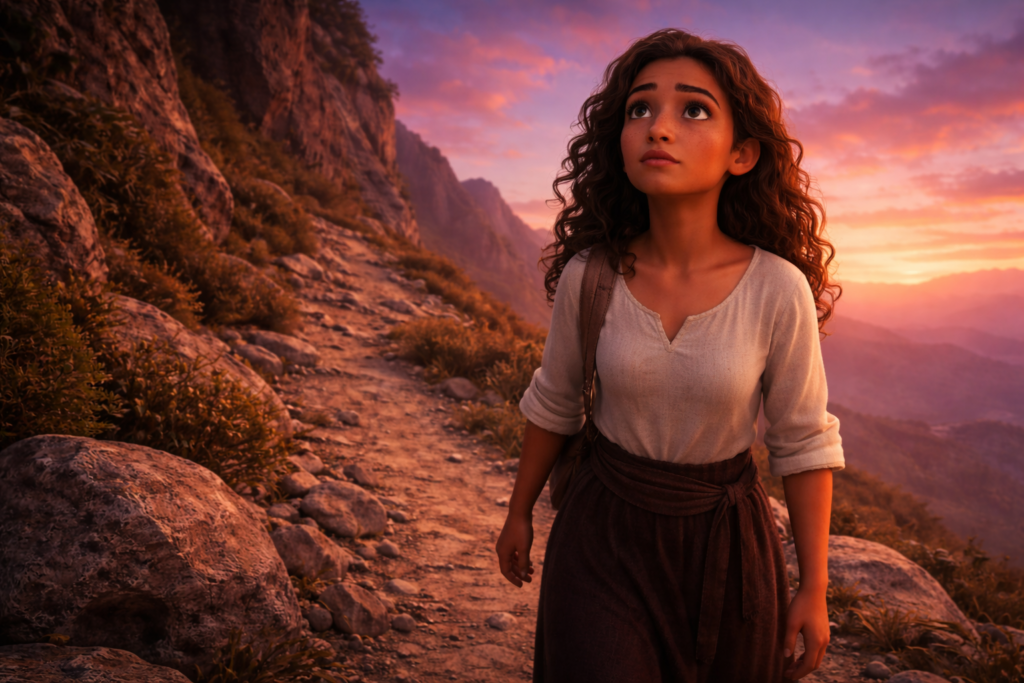 Mulher caminhando em trilha ao amanhecer durante a crise do chamado