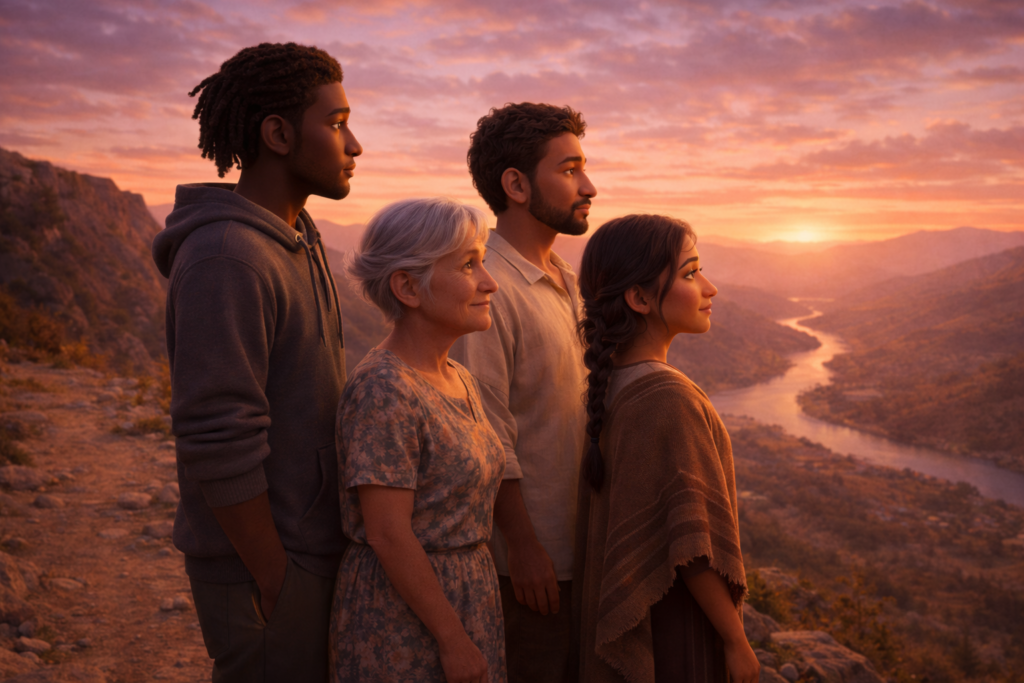 Grupo diverso de pessoas olhando para o horizonte durante a crise do chamado