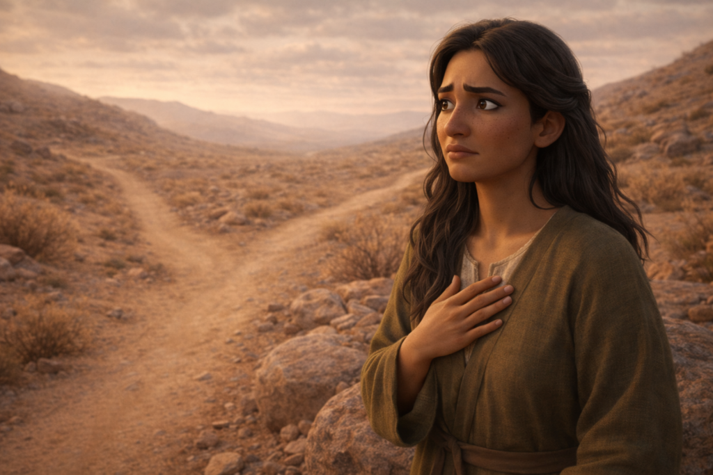 Mulher em encruzilhada no deserto simbolizando a crise do chamado e decisão