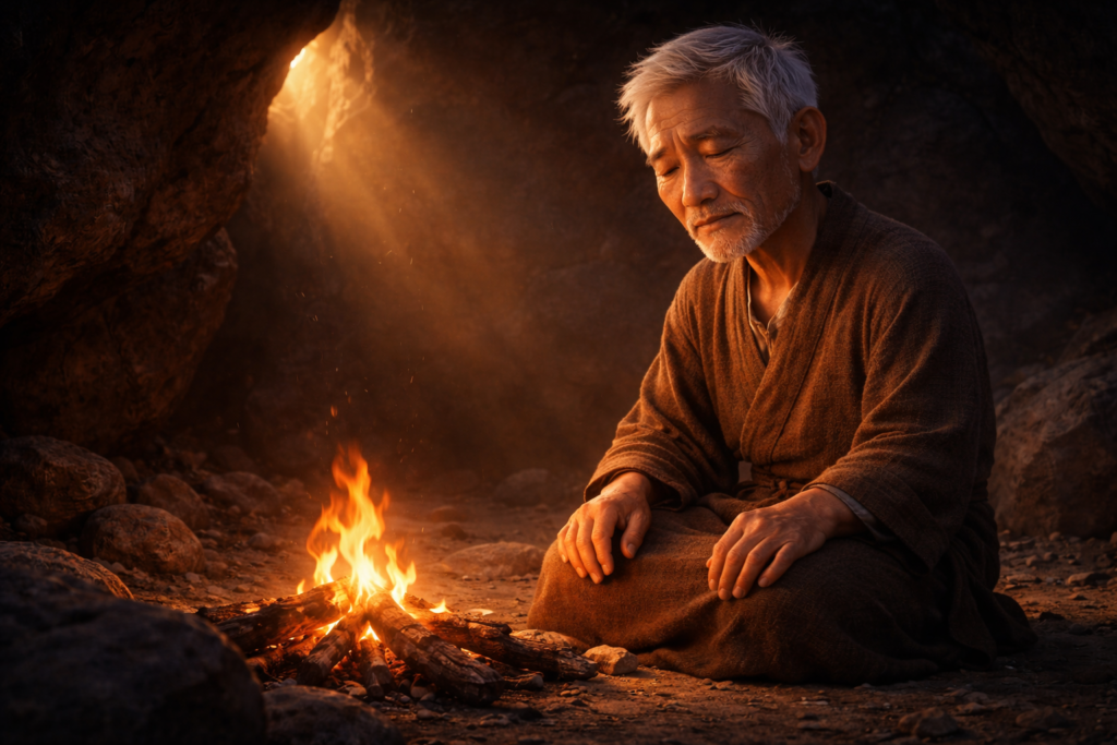 Homem idoso orando em caverna representando o silêncio na crise do chamado