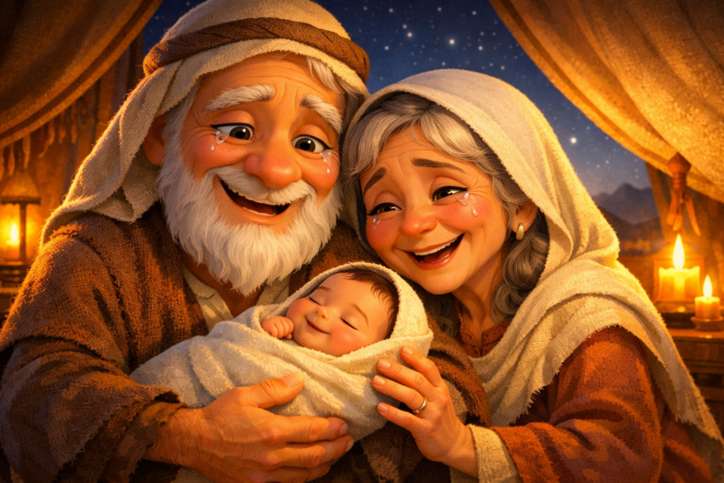 Abraão e Sara segurando Isaque representando a promessa cumprida porque Deus não chegou atrasado