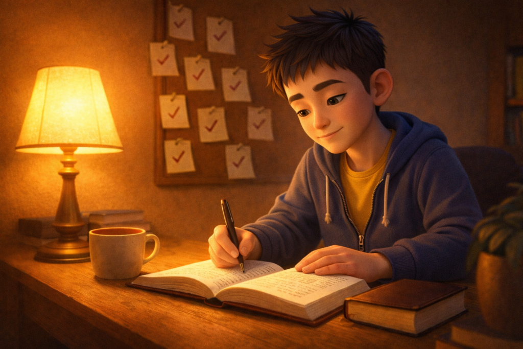 Menino escrevendo diário de oração lembrando que Deus não chegou atrasado em suas respostas
