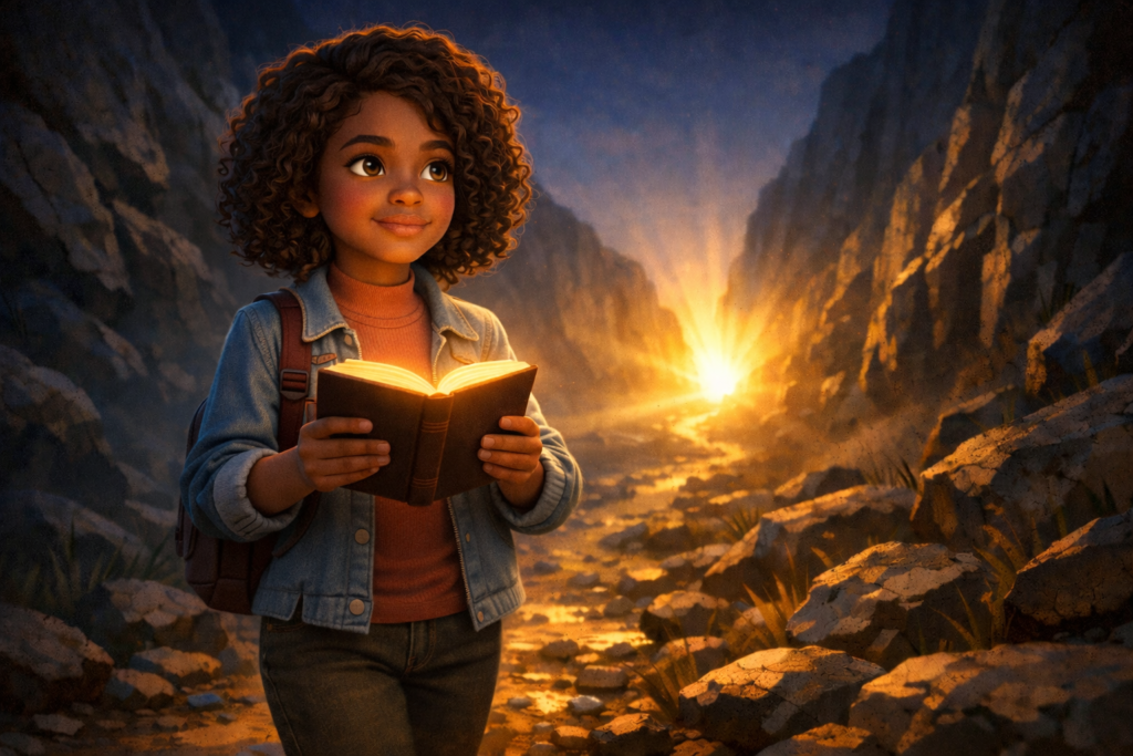 Jovem Menina caminhando com Bíblia iluminando caminho escuro mostrando que Deus não chegou atrasado