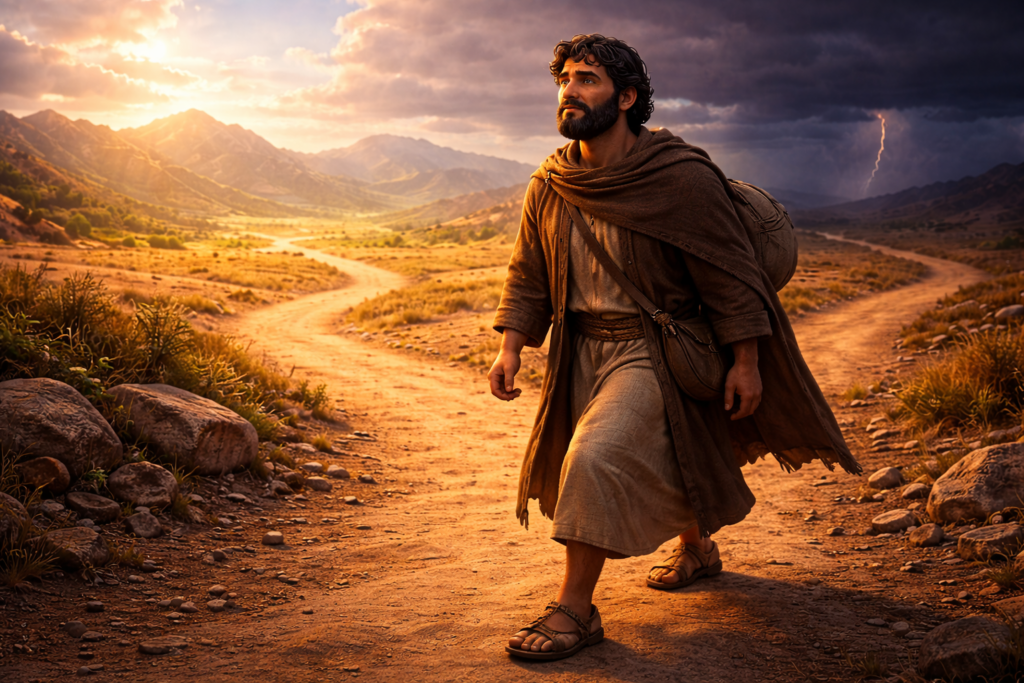 Homem em encruzilhada no deserto escolhendo o caminho iluminado representando a obediência quando Deus te chama