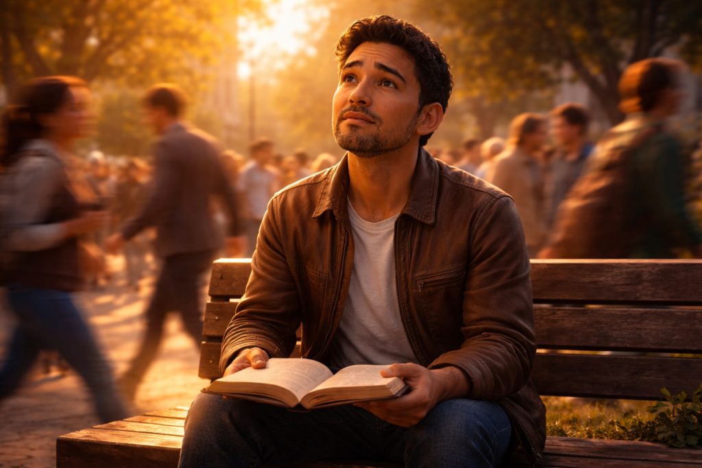 Homem com Bíblia aberta num parque movimentado refletindo sobre quando Deus te chama 