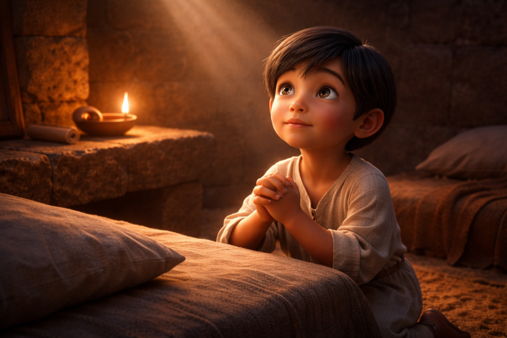 Menino ajoelhado em templo antigo ouvindo a voz de Deus — história de Samuel sobre quando Deus te chama