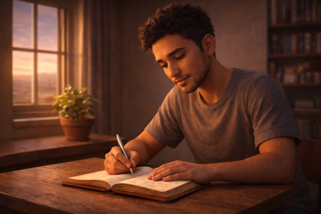 Jovem escrevendo em diário como alternativa ao perigo do desabafo impulsivo