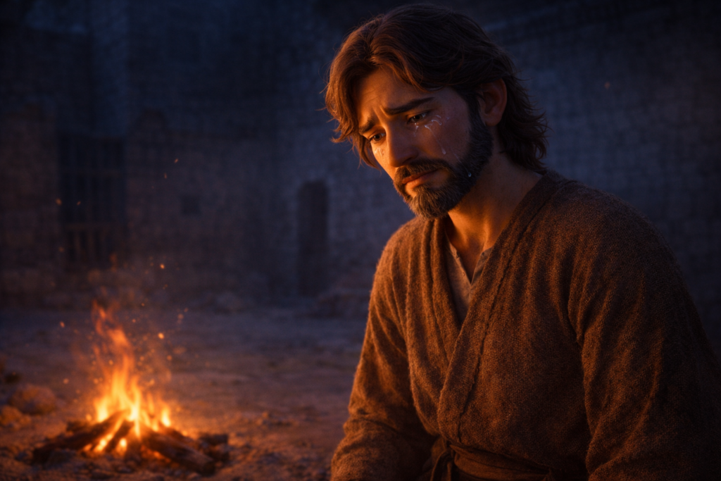 Pedro chorando de arrependimento como exemplo do perigo do desabafo