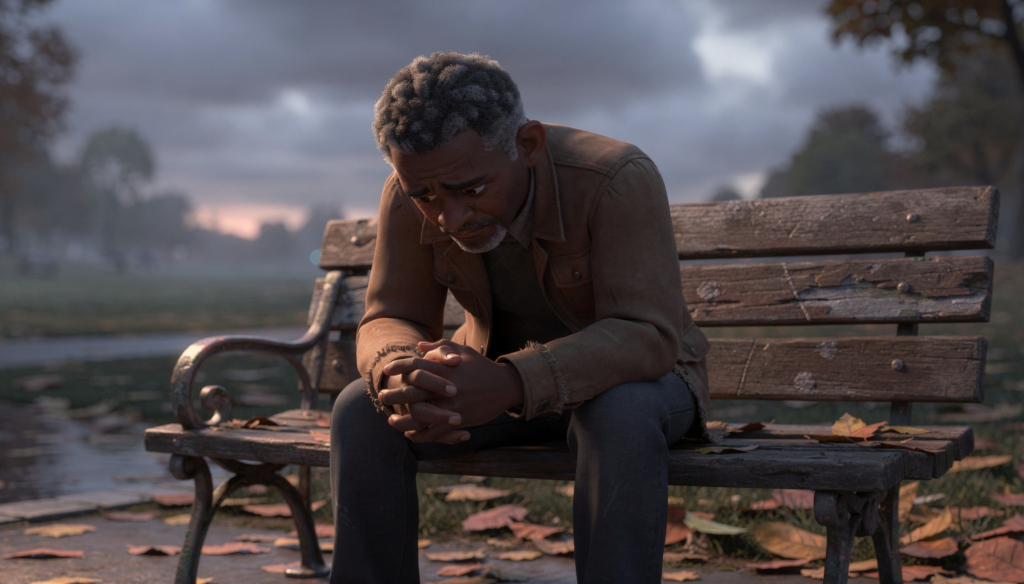 Você sente que caiu? Descubra o que Deus está fazendo na sua vida agora mesmo 1 Homem sentado sozinho em banco de parque representando o peso emocional de quem sente que caiu