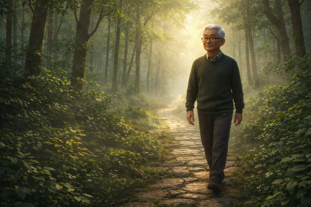 Idoso caminhando em trilha na floresta representando a força de Jesus na perseverança diária