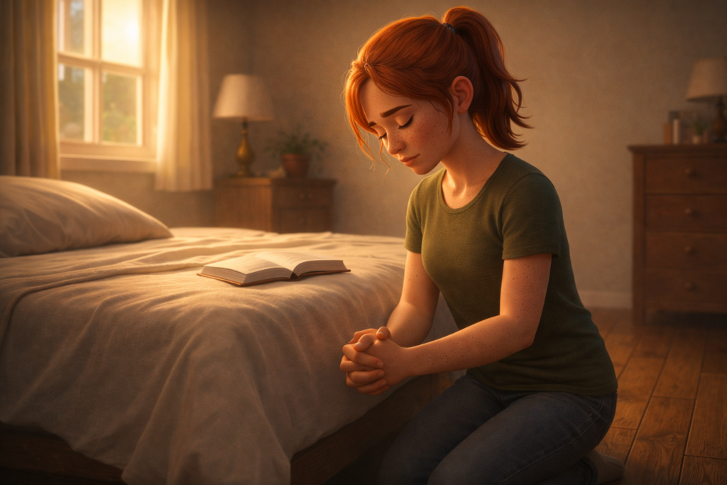 Mulher jovem orando pela manhã demonstrando a força de Jesus na vida de oração