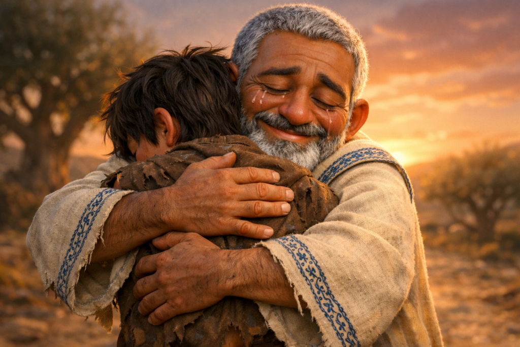 A História do Filho Pródigo 3 Pai abraçando o filho pródigo em cena de perdão e restauração