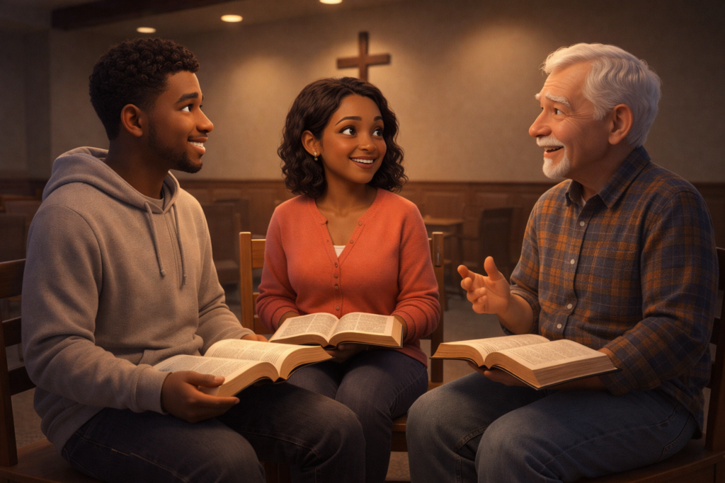 Grupo diverso de cristãos conversando com Bíblias abertas sobre decisões difíceis