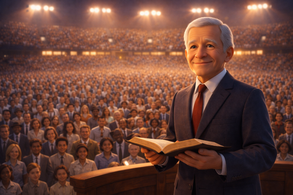 Quais cristãos que influenciaram o mundo deixaram marcas que duram até hoje? 5 Billy Graham pregando em estádio lotado como um dos cristãos que influenciaram o mundo