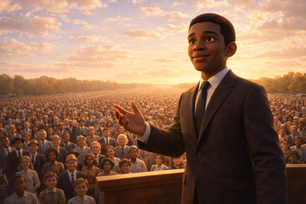 Quais cristãos que influenciaram o mundo deixaram marcas que duram até hoje? 4 Martin Luther King Jr. discursando para multidão como um dos cristãos que influenciaram o mundo