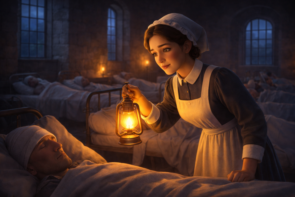 Quais cristãos que influenciaram o mundo deixaram marcas que duram até hoje? 3 Florence Nightingale cuidando de pacientes com lamparina entre cristãos que influenciaram o mundo