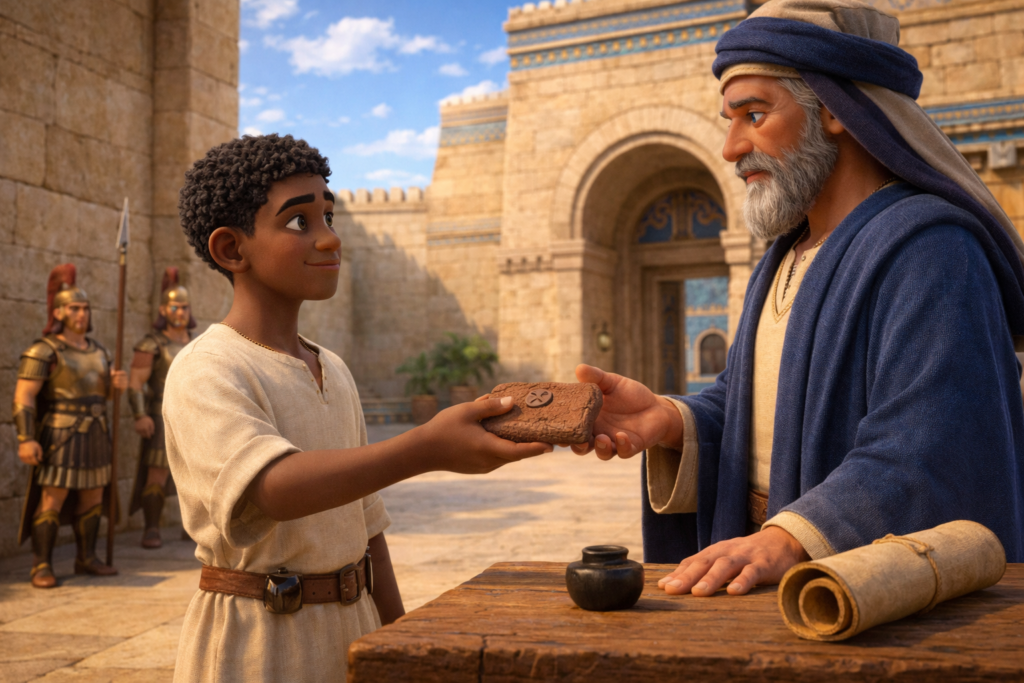 Escriba entregando documento na corte real de Israel