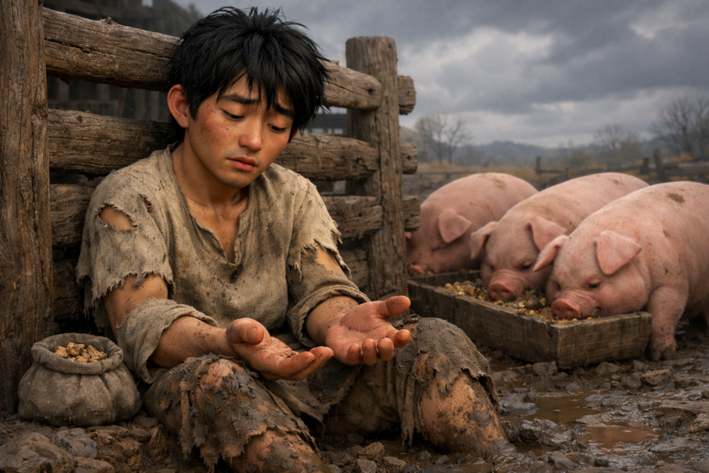 A História do Filho Pródigo 2 Jovem em desespero alimentando porcos representando o filho pródigo longe de Deus