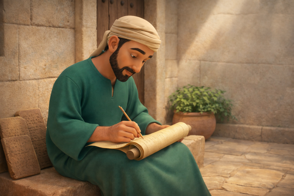 Homem escrevendo em pergaminho representando o registro da genealogia de Jesus em Mateus