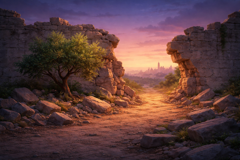 Muro destruído com oliveira viva representando o exílio na genealogia de Jesus em Mateus