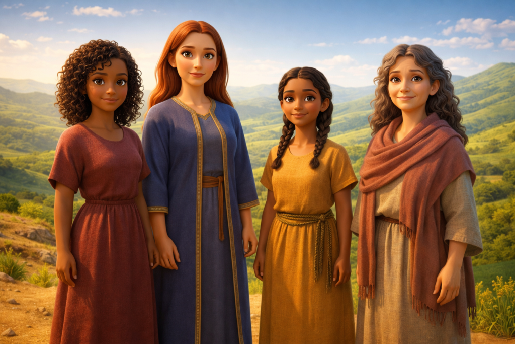 Quatro mulheres diversas representando as mulheres citadas na genealogia de Jesus em Mateus