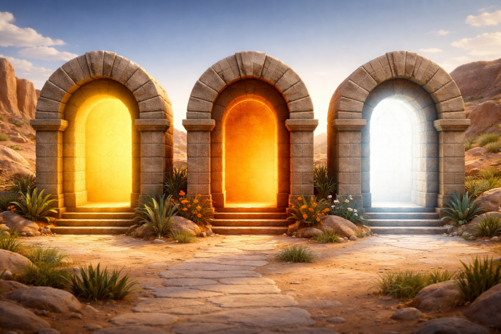 Três arcos de pedra representando os três blocos de gerações na genealogia de Jesus em Mateus