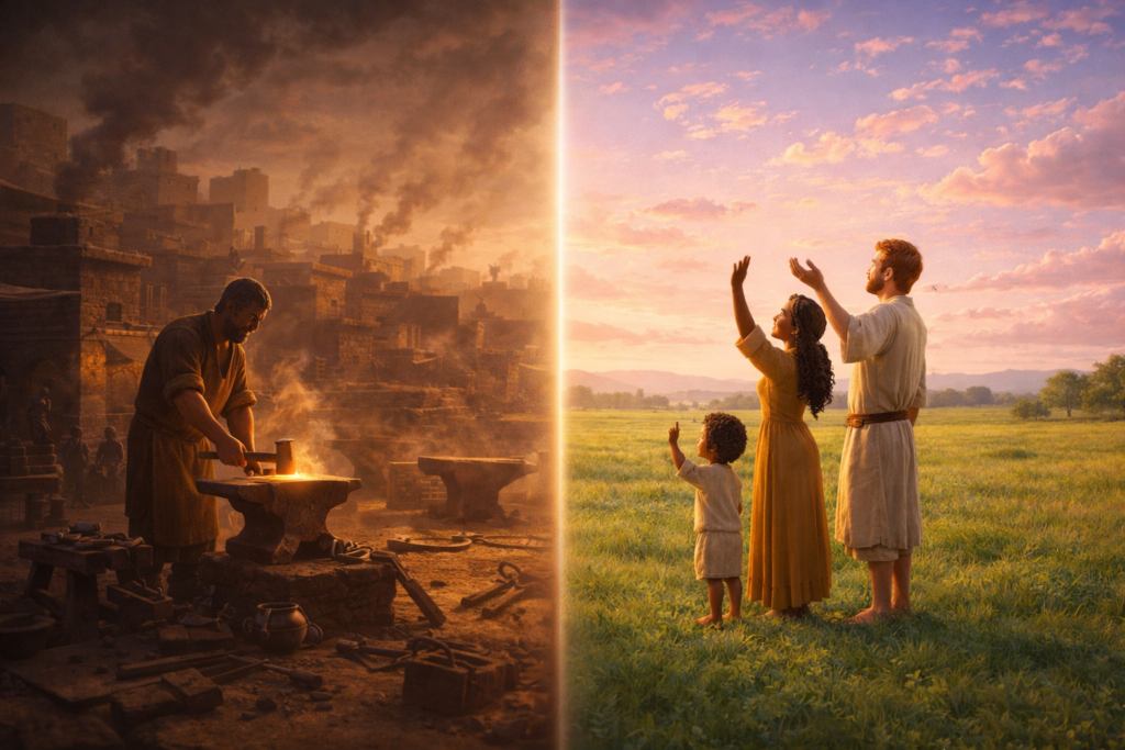 Como a genealogia de Sete conecta Adão a Jesus Cristo? 2 Contraste entre a linhagem de Caim e a genealogia de Sete representado em cena bíblica