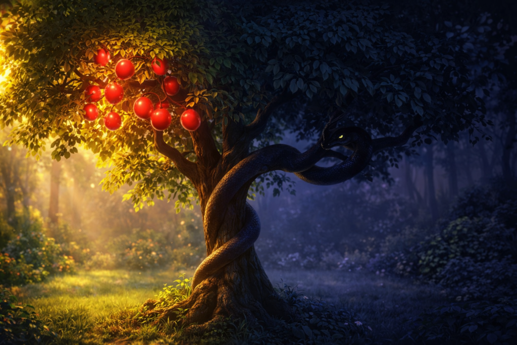 História de Adão e Eva: o que realmente aconteceu no Jardim do Éden? 2 Árvore do conhecimento do bem e do mal com serpente na história de Adão e Eva