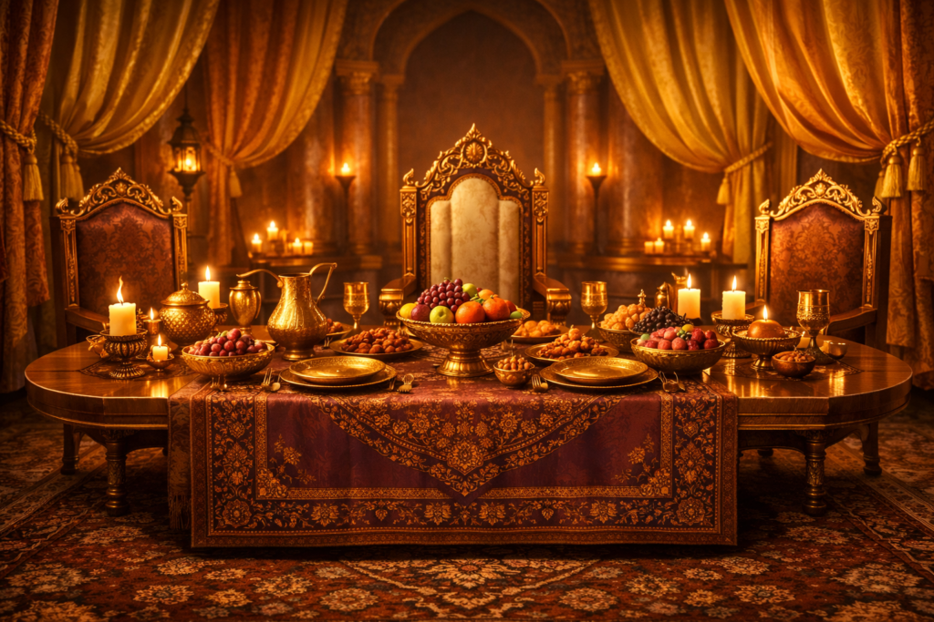 Cenário do banquete de Ester no palácio persa na história de Ester na Bíblia