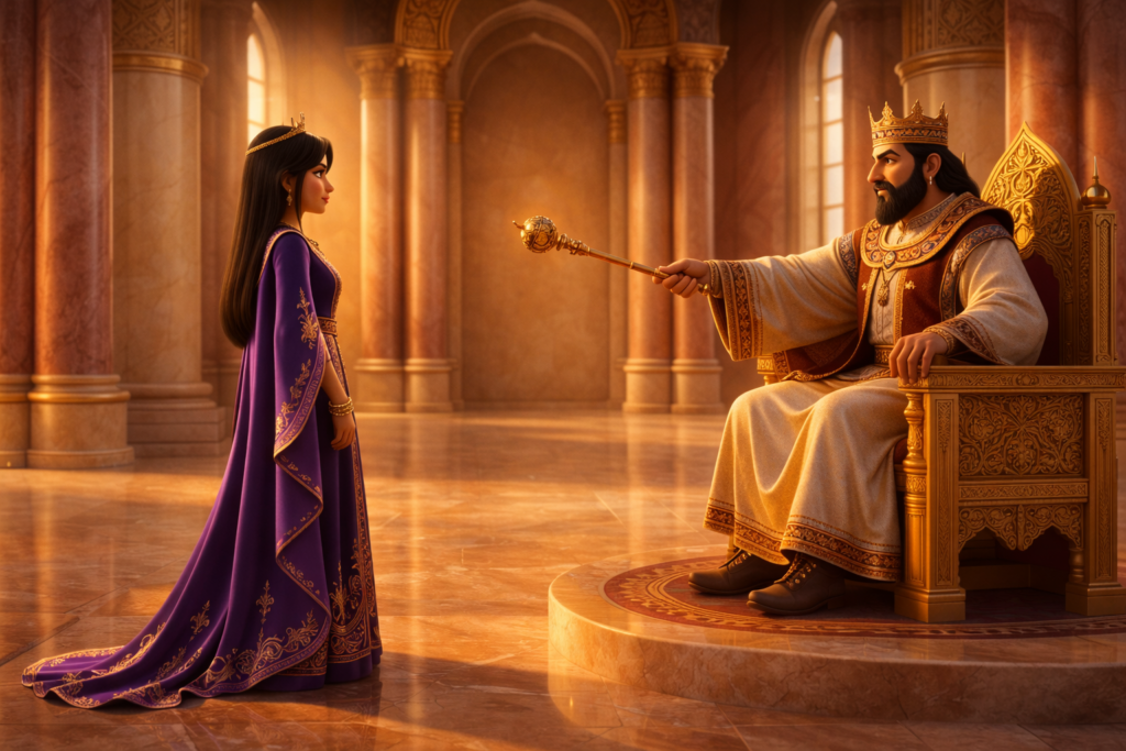 Ester diante do rei Assuero no trono persa na história de Ester na Bíblia