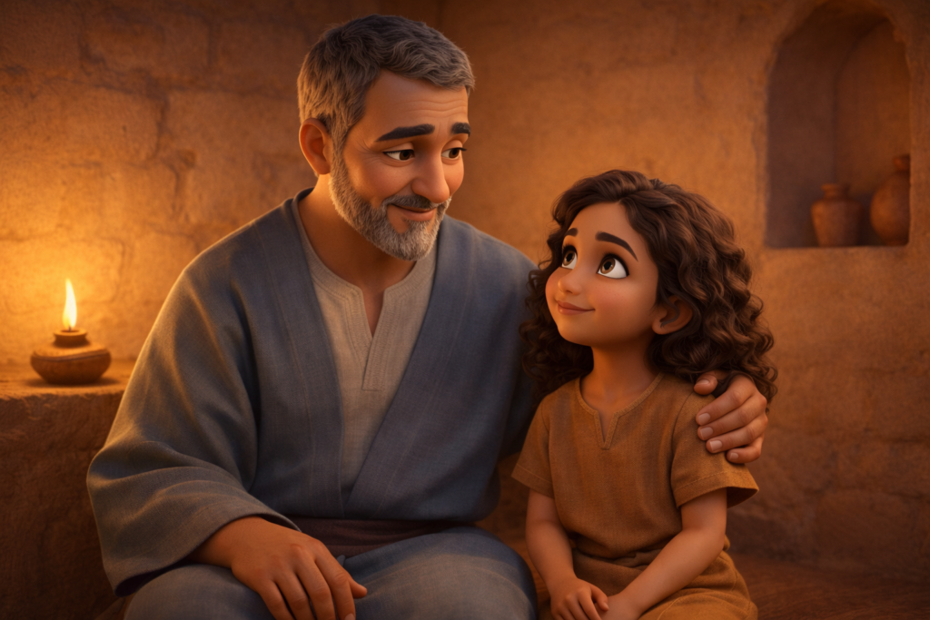 Mardoqueu cuidando da jovem Ester na infância como parte da história de Ester na Bíblia