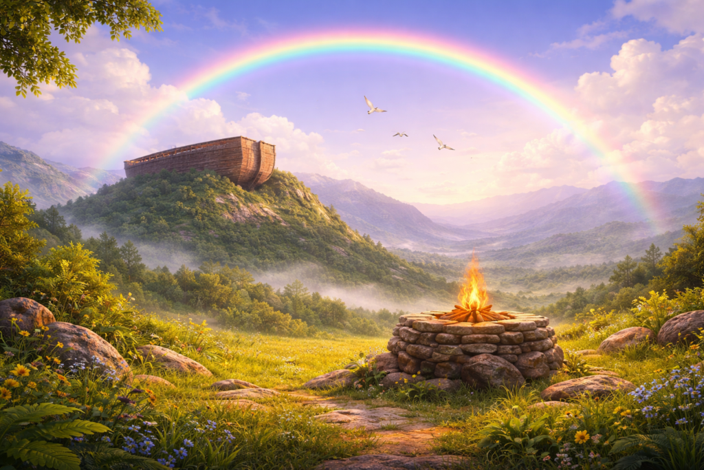 Arco-íris sobre a arca após o dilúvio na história de Noé na Bíblia