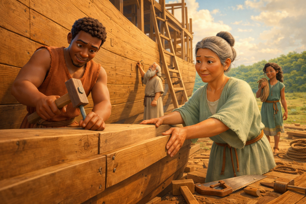 Família diversa construindo a arca na história de Noé na Bíblia