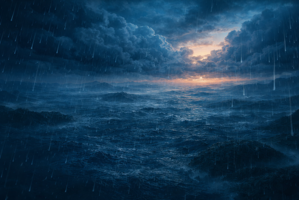 Paisagem sendo coberta pelo dilúvio na história de Noé na Bíblia