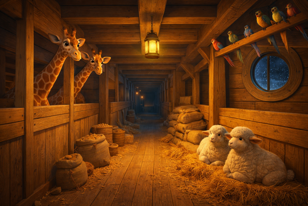 Interior da arca com animais na história de Noé na Bíblia