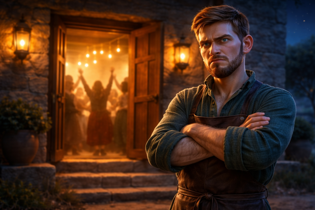 A História do Filho Pródigo 4 Irmão mais velho com raiva fora da festa na história do filho pródigo