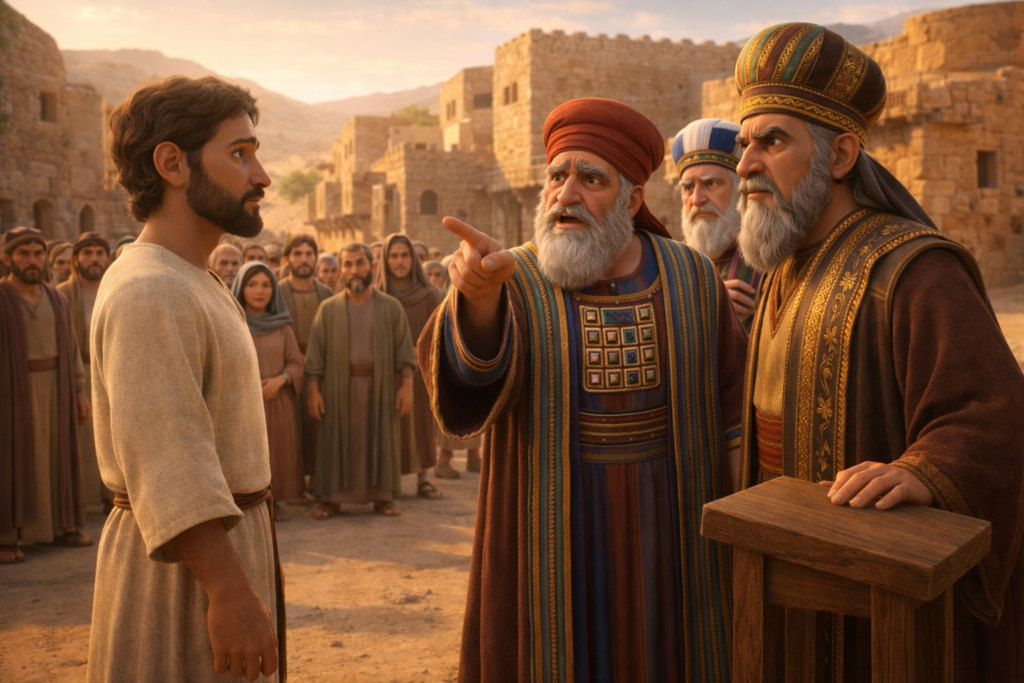 Jesus confrontando escribas e fariseus em uma cidade da Judeia