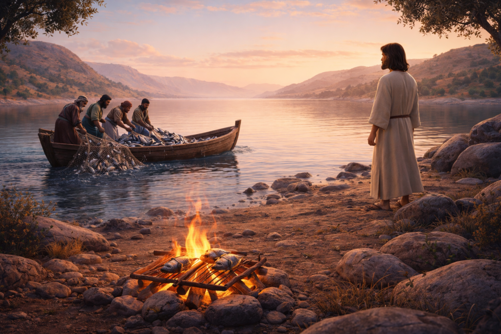 Mar da Galileia na Bíblia: os eventos, os nomes e o que poucos sabem sobre esse lugar 3 Jesus na margem do mar da Galileia preparando refeição para os discípulos após a ressurreição
