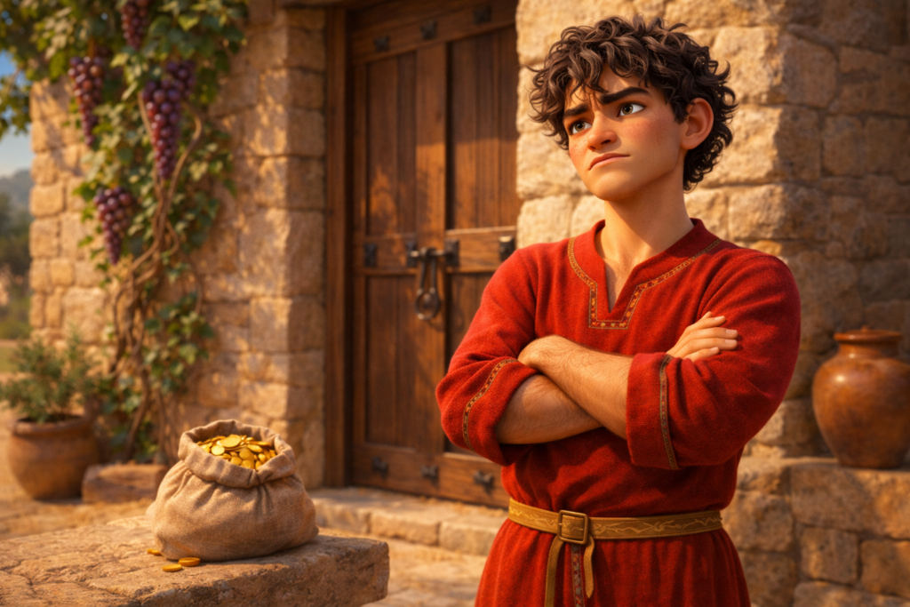 A História do Filho Pródigo 1 Jovem com saco de moedas pedindo herança na história do filho pródigo