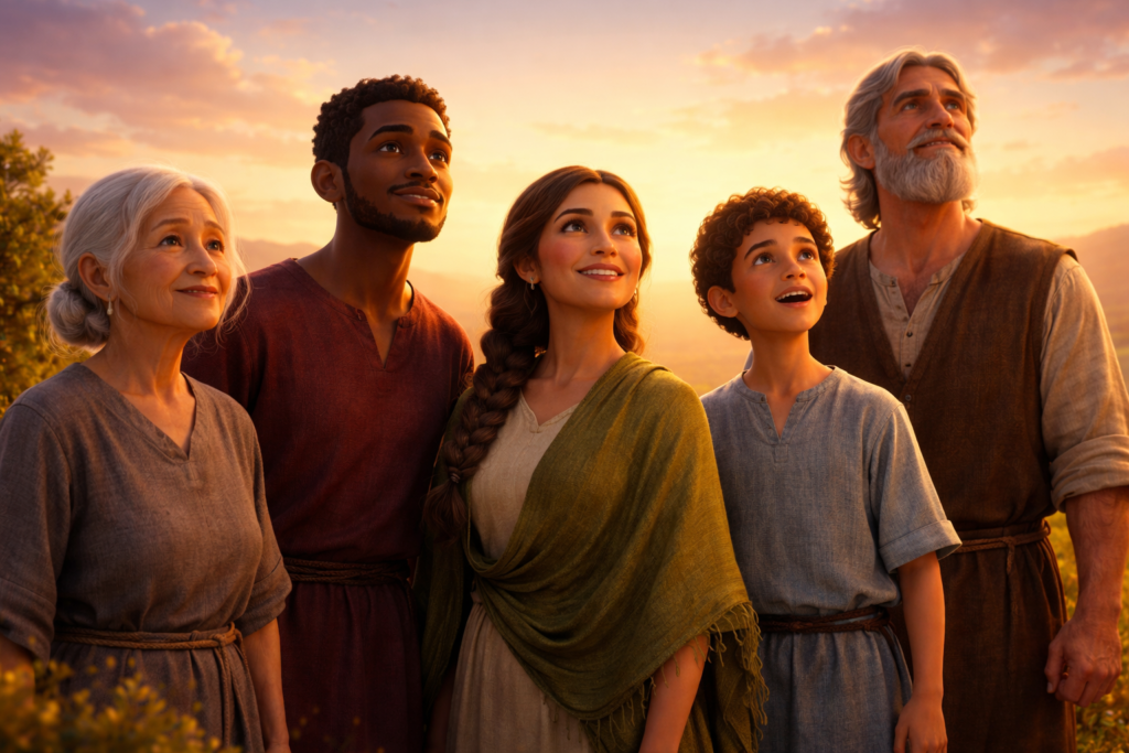 Grupo diverso refletindo sobre a história de Caim e Abel ao nascer do sol