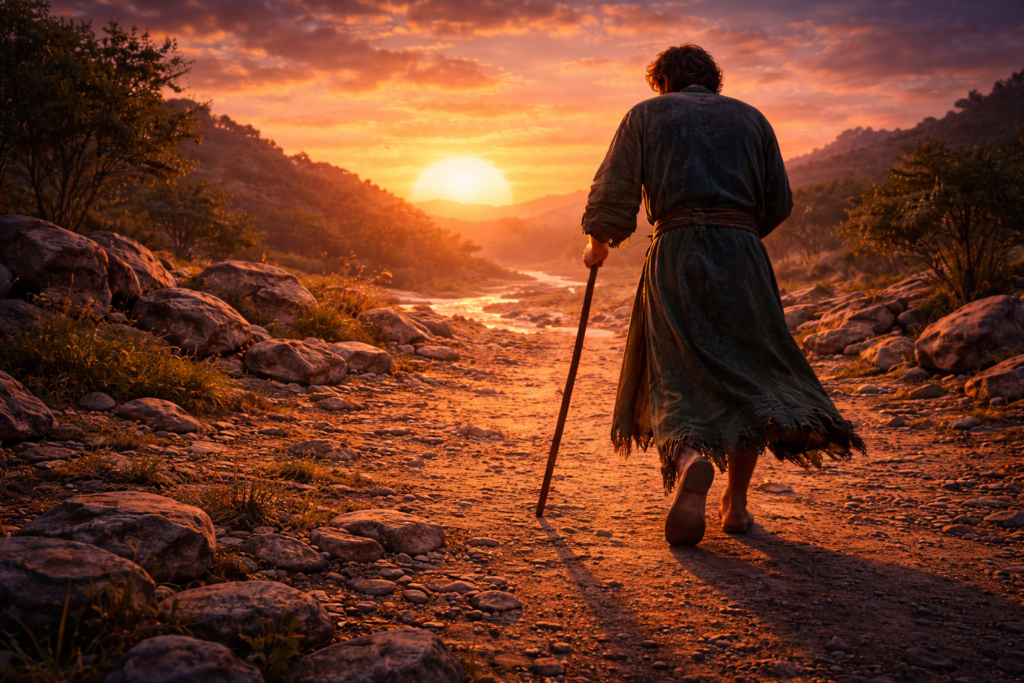 Por Que a Luta de Jacó Mudou Sua Identidade Para Sempre? 4 Jacó mancando ao amanhecer após a luta de Jacó simbolizando transformação