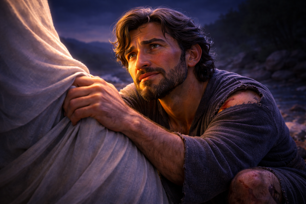 Por Que a Luta de Jacó Mudou Sua Identidade Para Sempre? 3 Rosto de Jacó ferido e determinado durante a luta de Jacó pedindo a bênção