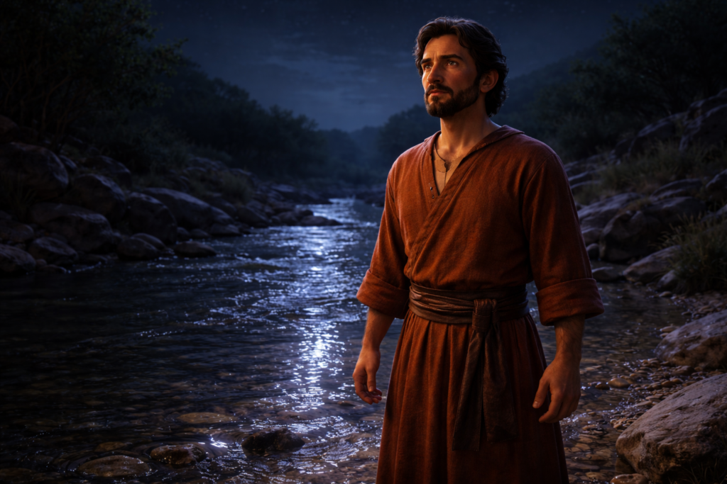 Por Que a Luta de Jacó Mudou Sua Identidade Para Sempre? 1 Homem sozinho à beira de um rio à noite representando a luta de Jacó em Peniel